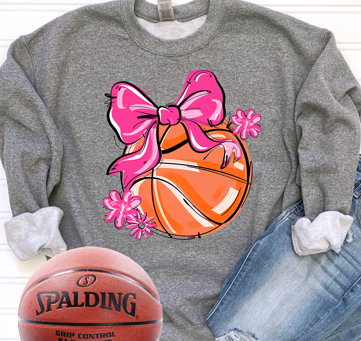 PINK PLAY BALL BASKETBALL BOW WITH FLOWERS