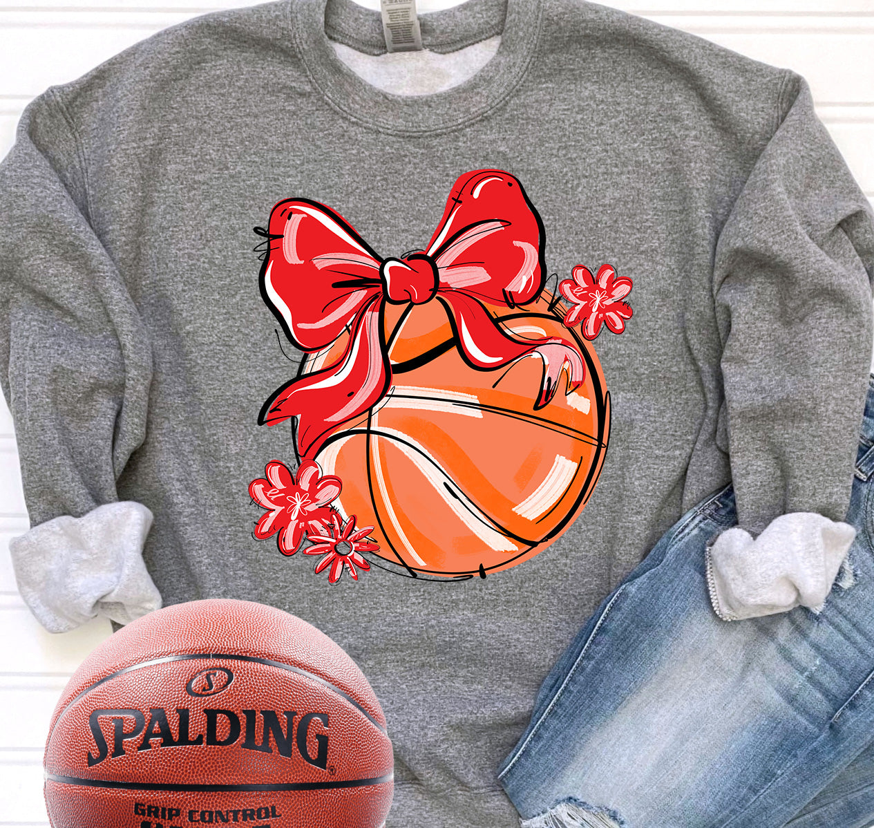 RED PLAY BALL BASKETBALL BOW WITH FLOWERS