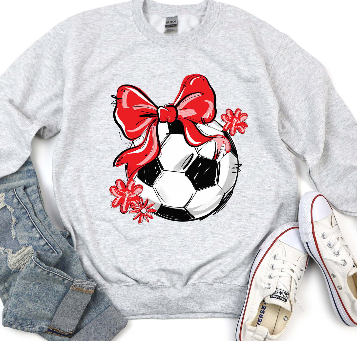 RED PLAY BALL SOCCER BOW WITH FLOWERS