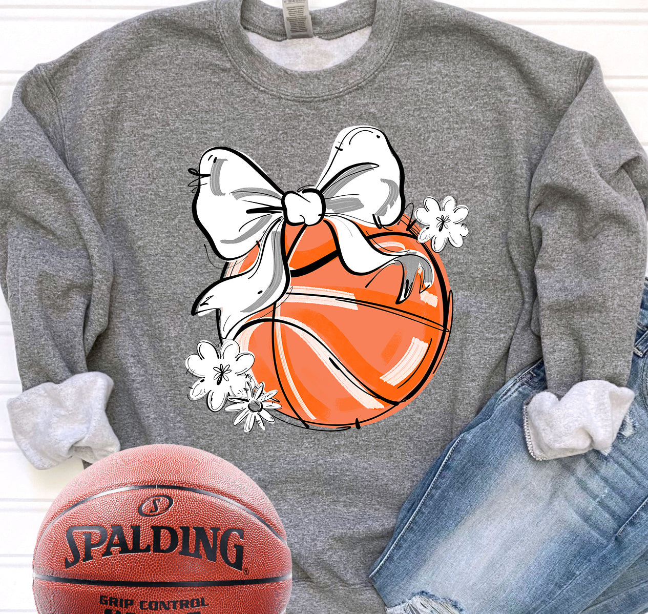 WHITE PLAY BALL BASKETBALL BOW WITH FLOWERS