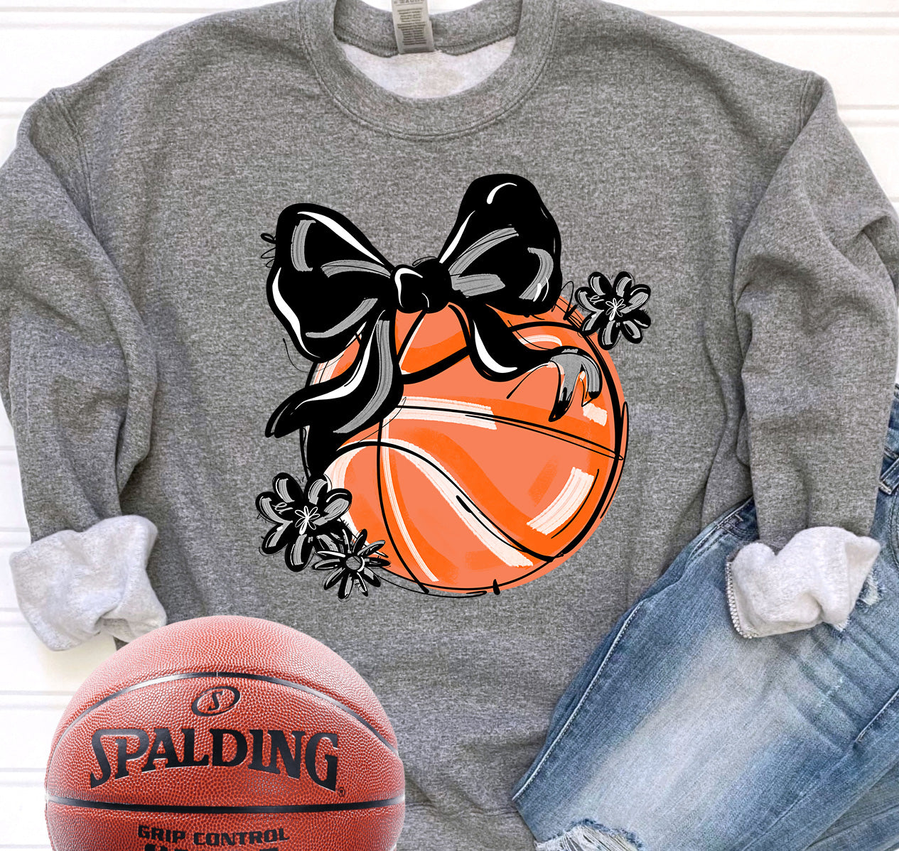 BLACK PLAY BALL BASKETBALL BOW WITH FLOWERS