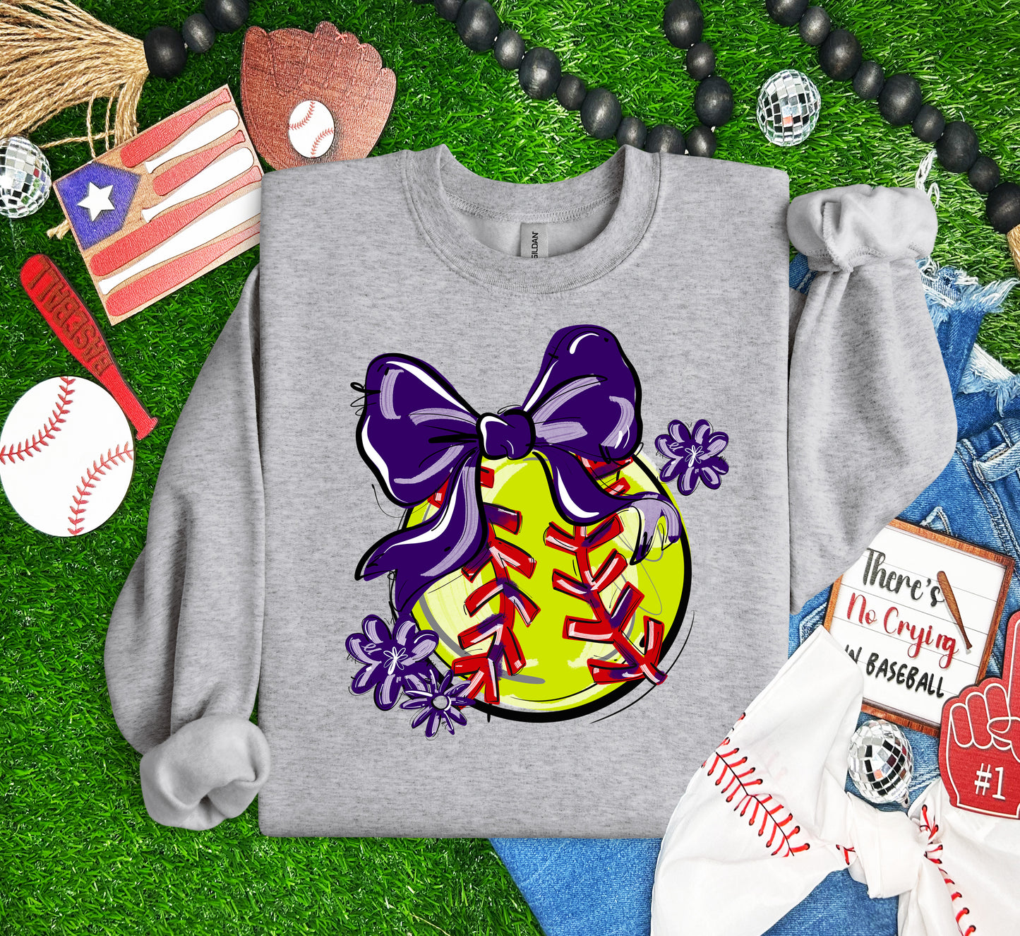 PURPLE PLAY BALL BOW WITH FLOWERS SOFTBALL