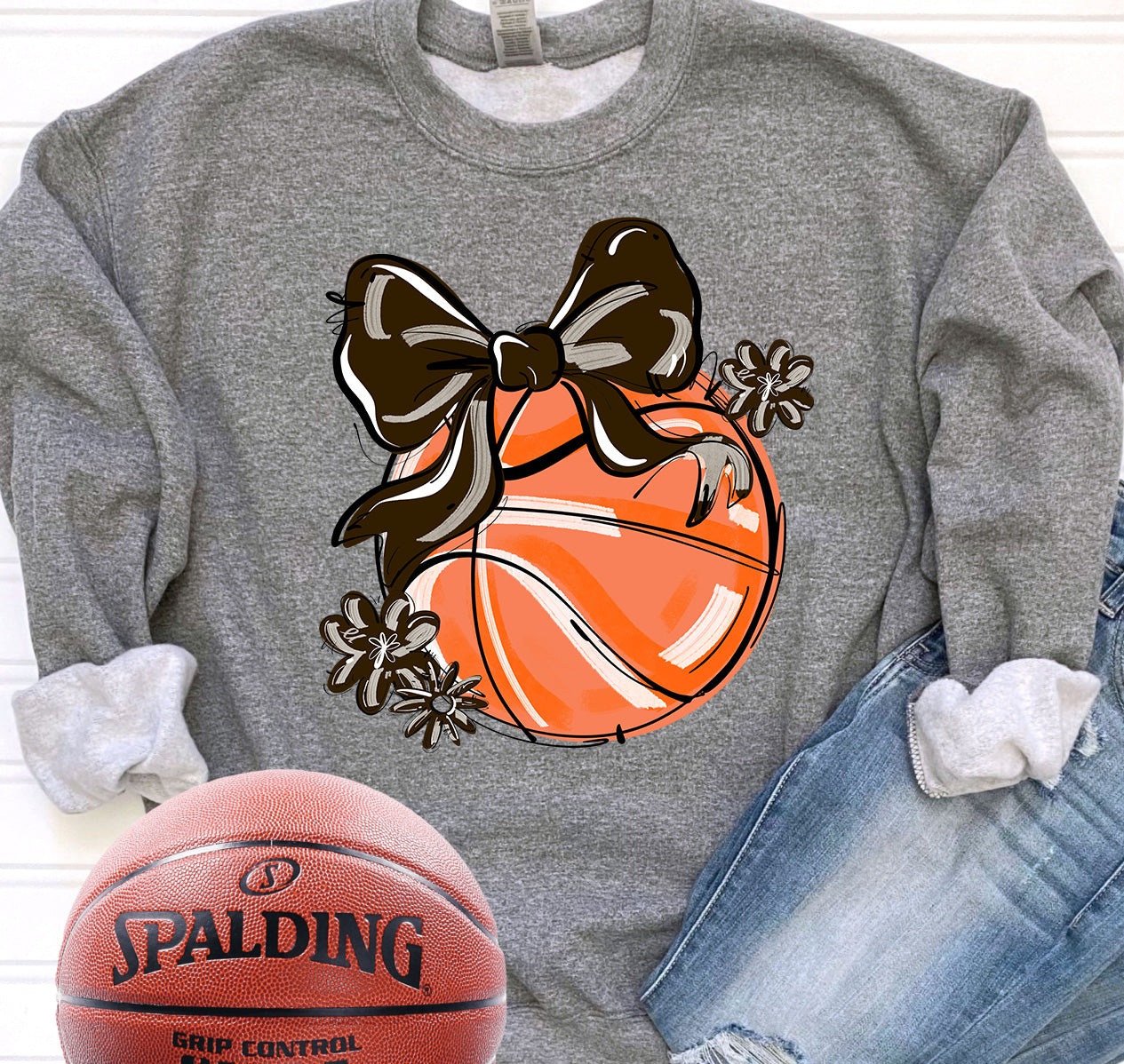 BROWN PLAY BALL BASKETBALL BOW WITH FLOWERS