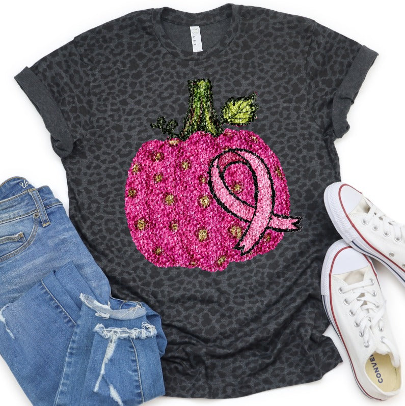 Pink Pumpkin and Breast Cancer Ribbon Faux Sequins