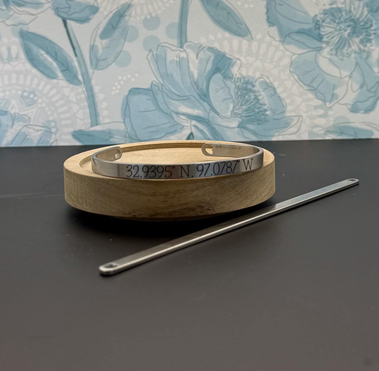 Custom Coordinates Bangle Bracelet – Laser Engraved Stainless Steel, Hypoallergenic – Brushed Silver or Gold