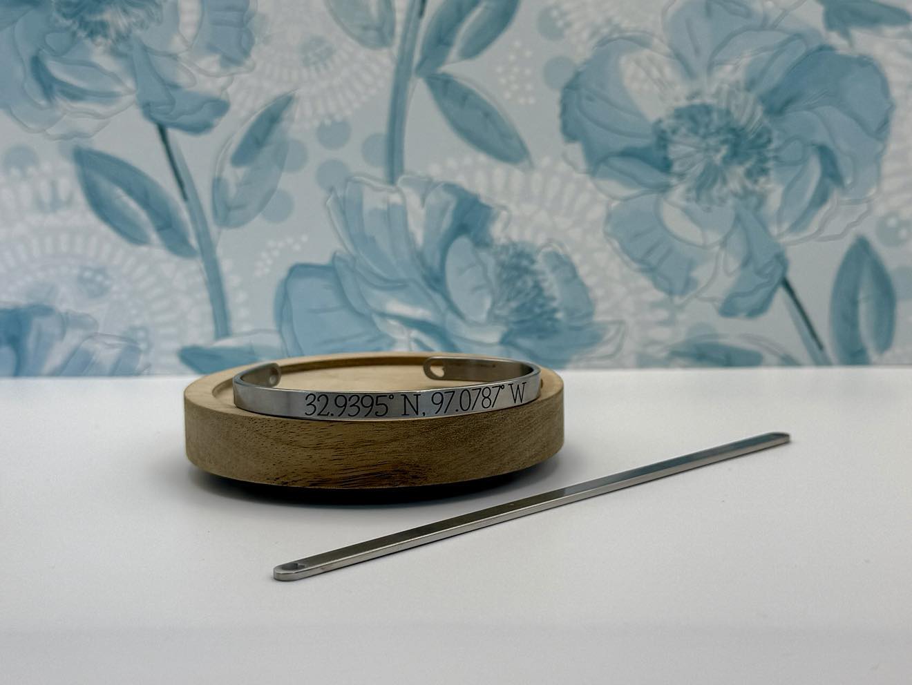 Custom Coordinates Bangle Bracelet – Laser Engraved Stainless Steel, Hypoallergenic – Brushed Silver or Gold