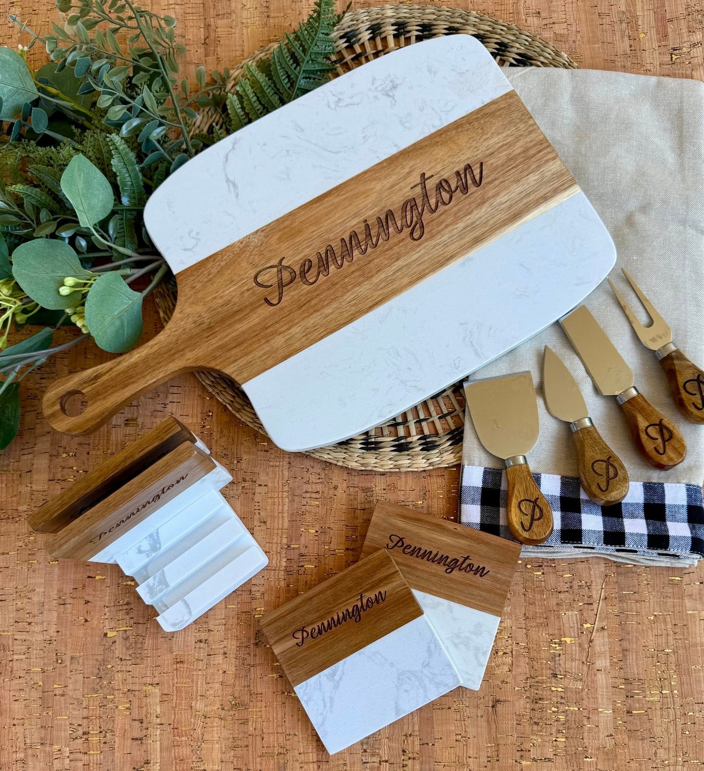 Engraved Marble & Acacia Wood Charcuterie Board – Includes 4-Piece Cheese Tool Set