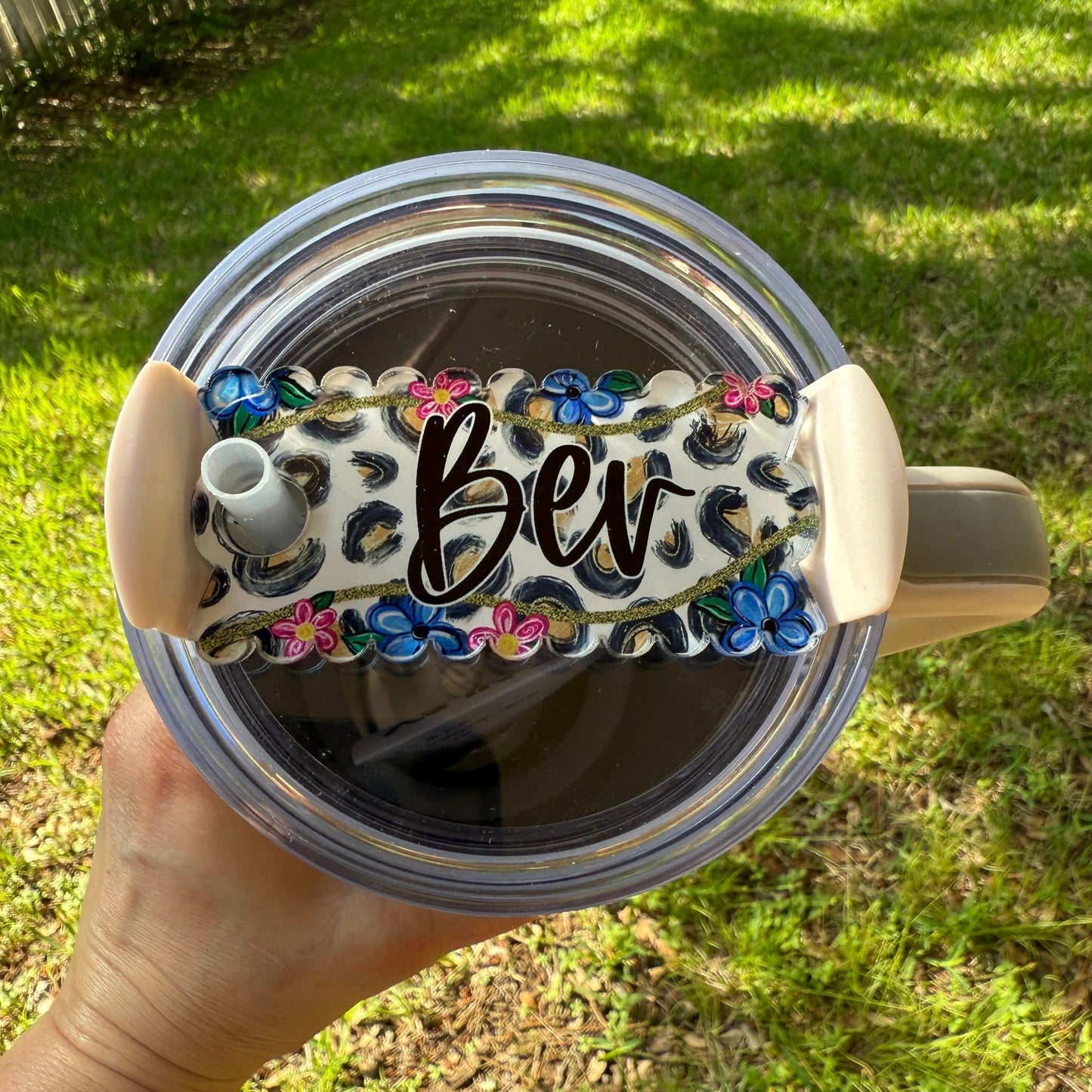 Floral and Leopard Tumbler Toppers, Name Plates and Coaster Set
