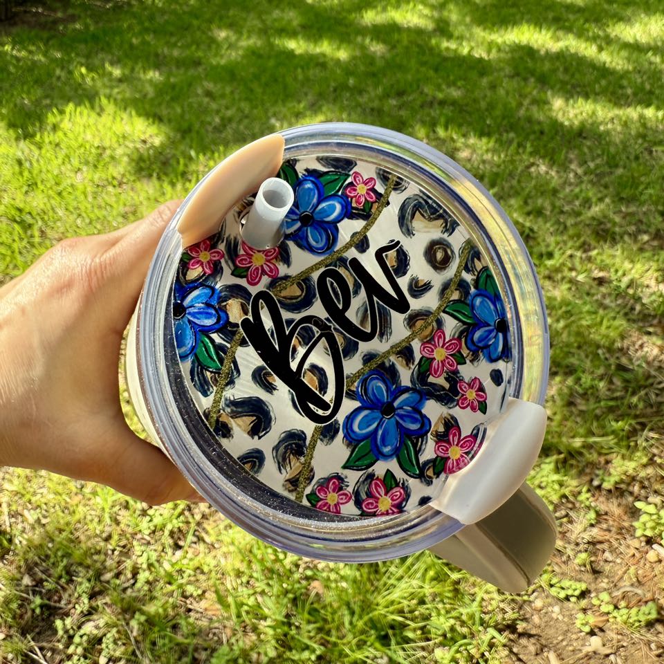 Floral and Leopard Tumbler Toppers, Name Plates and Coaster Set