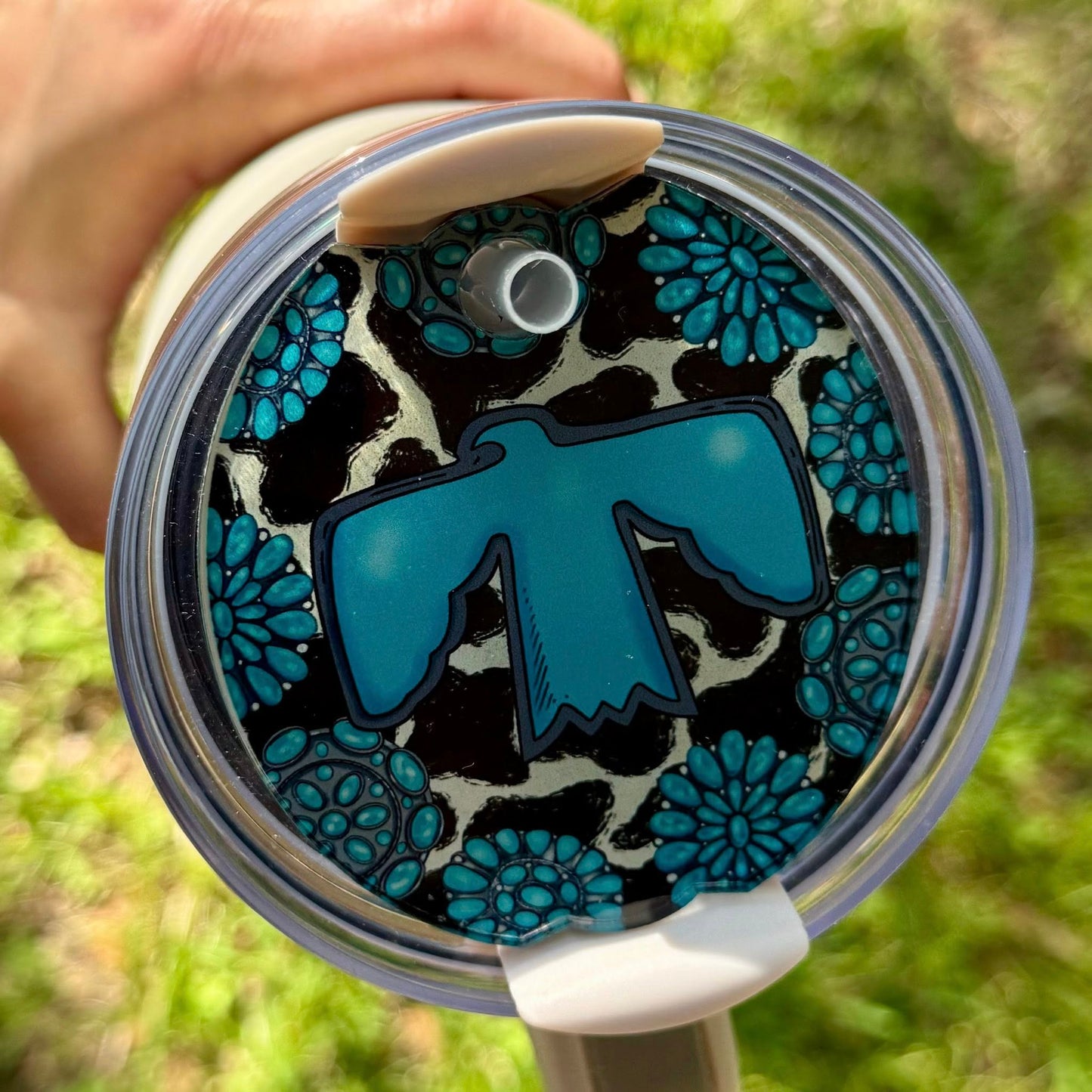 Turquoise & Cowprint Tumbler Toppers, Name Plates and Coaster Set