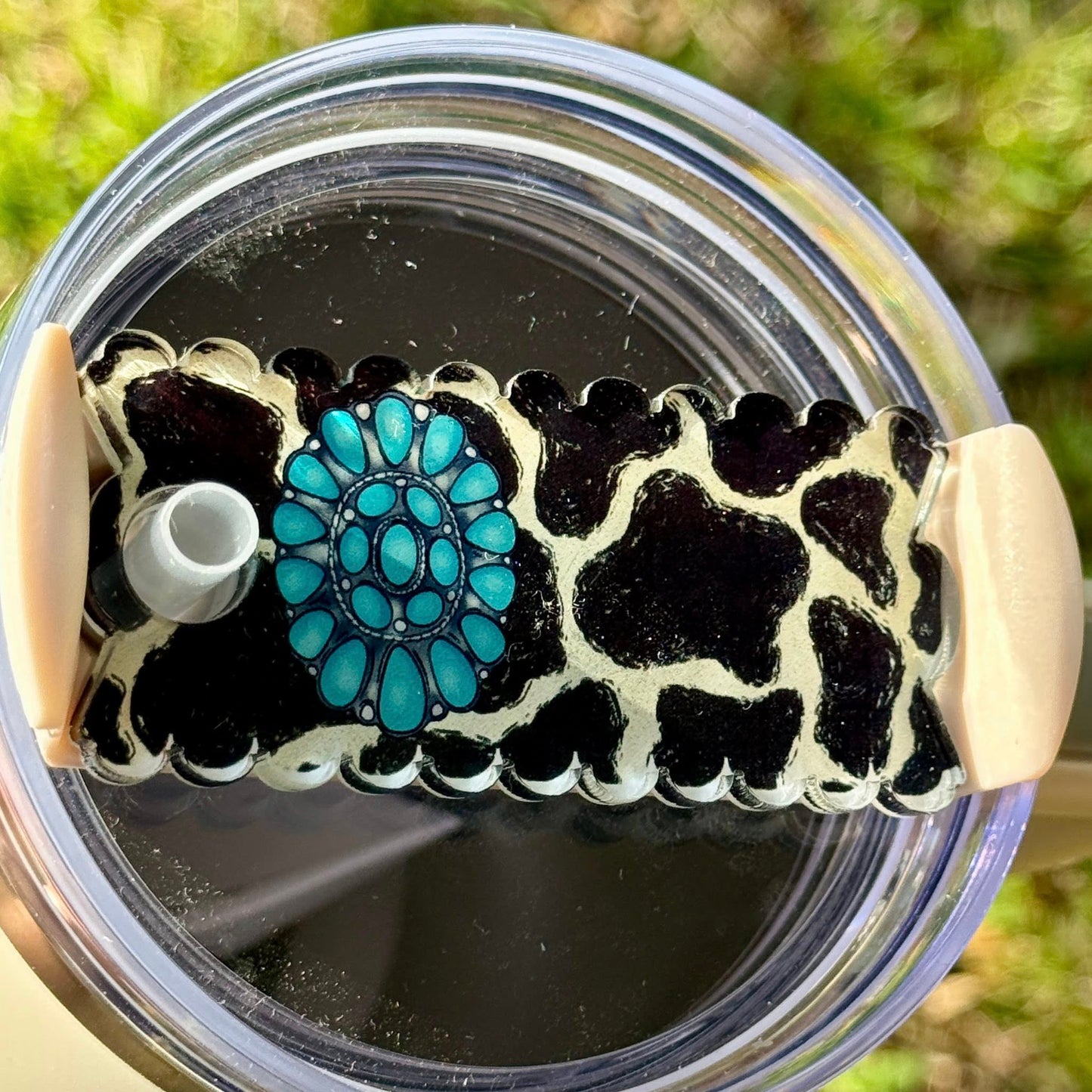 Turquoise & Cowprint Tumbler Toppers, Name Plates and Coaster Set