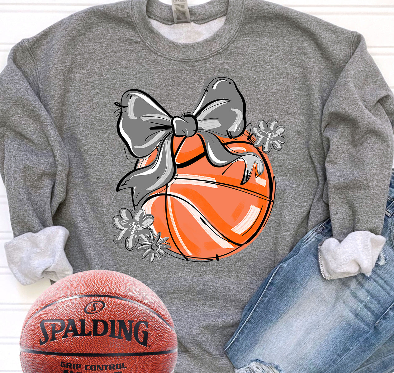 GRAY PLAY BALL BASKETBALL BOW WITH FLOWERS