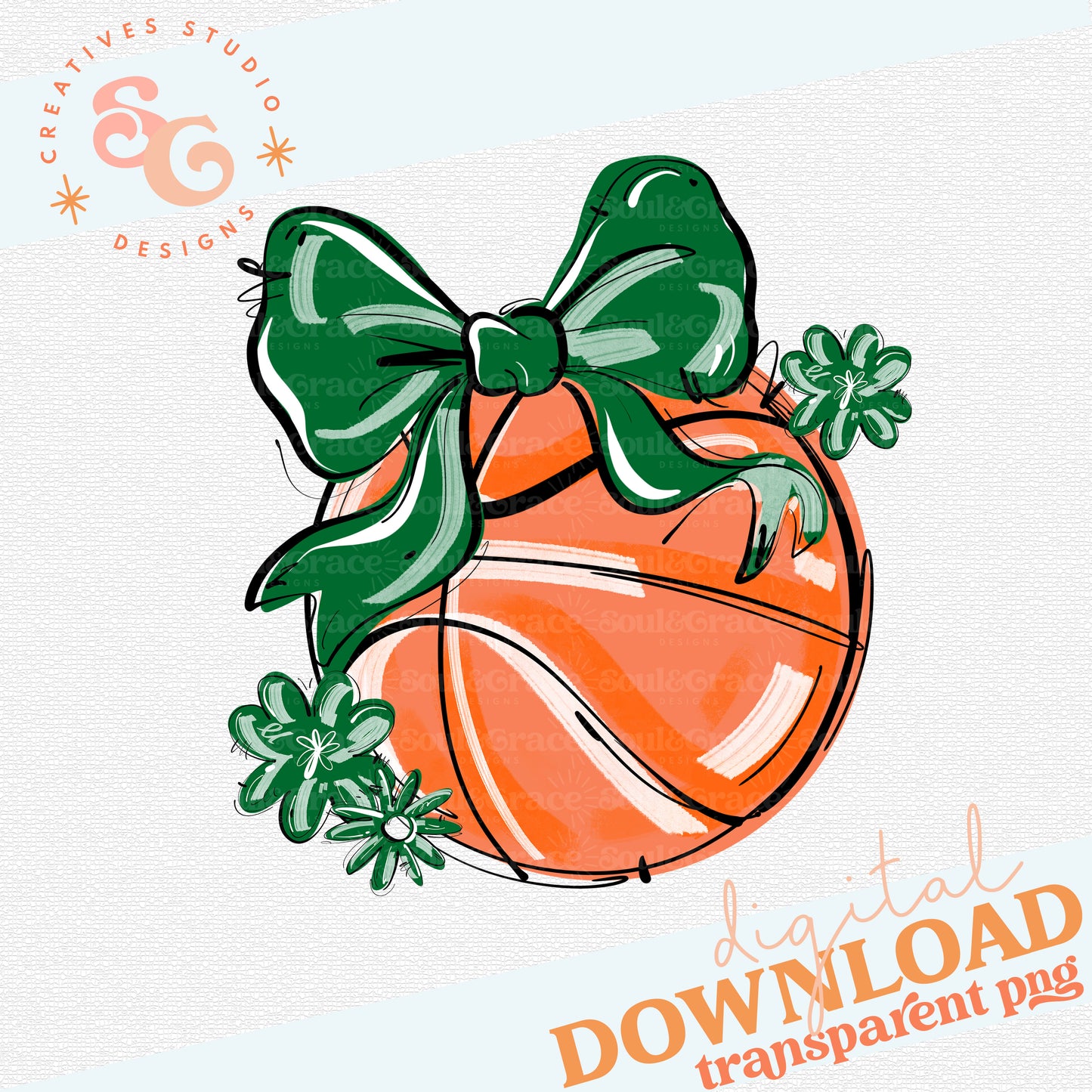 KELLY GREEN PLAY BALL BASKETBALL BOW WITH FLOWERS