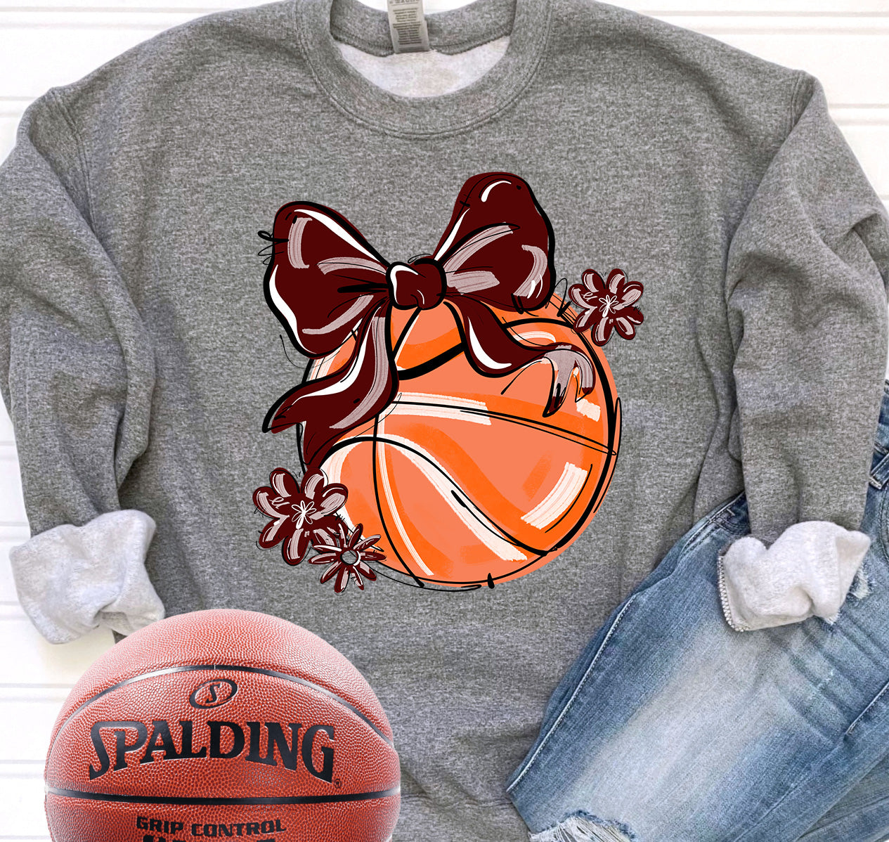 MAROON PLAY BALL BASKETBALL BOW WITH FLOWERS
