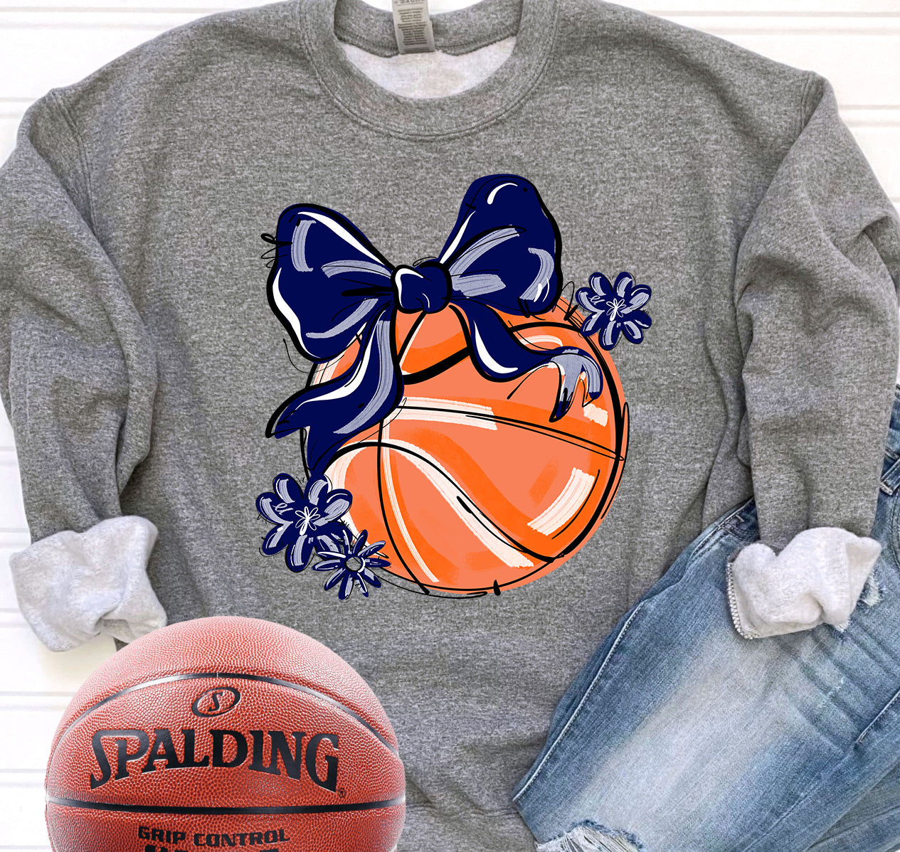 NAVY PLAY BALL BASKETBALL BOW WITH FLOWERS