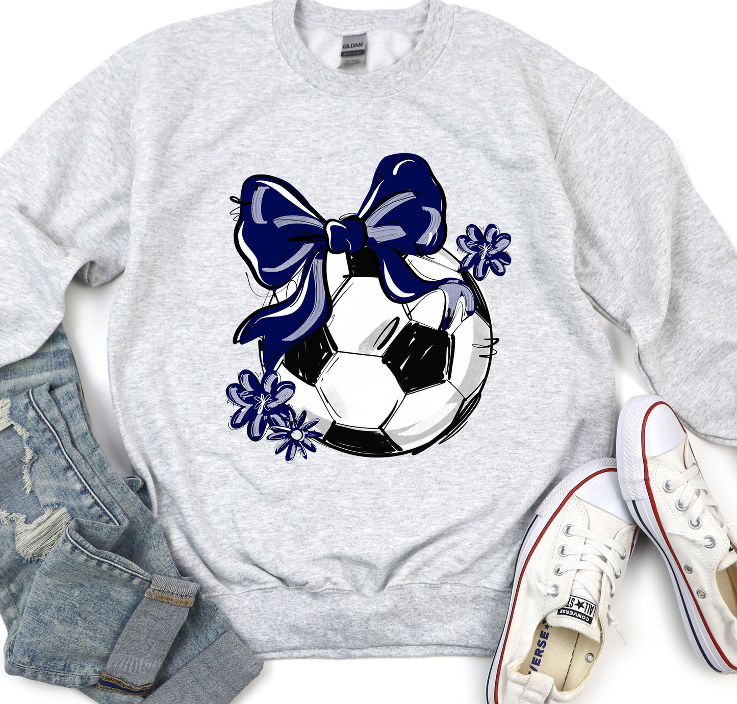 NAVY PLAY BALL SOCCER BOW WITH FLOWERS