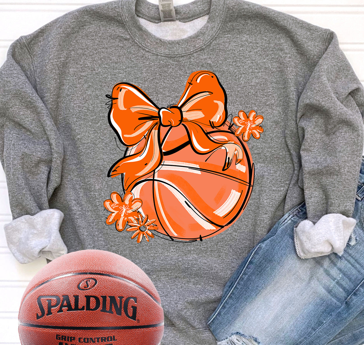 ORANGE PLAY BALL BASKETBALL BOW WITH FLOWERS