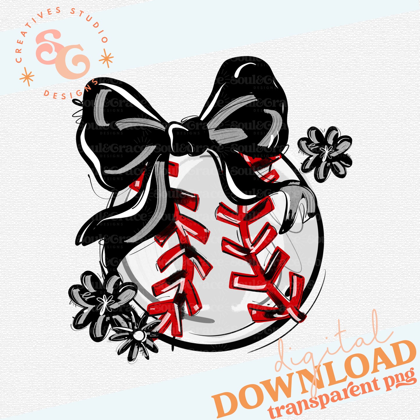 BLACK PLAY BALL BOW WITH FLOWERS BASEBALL