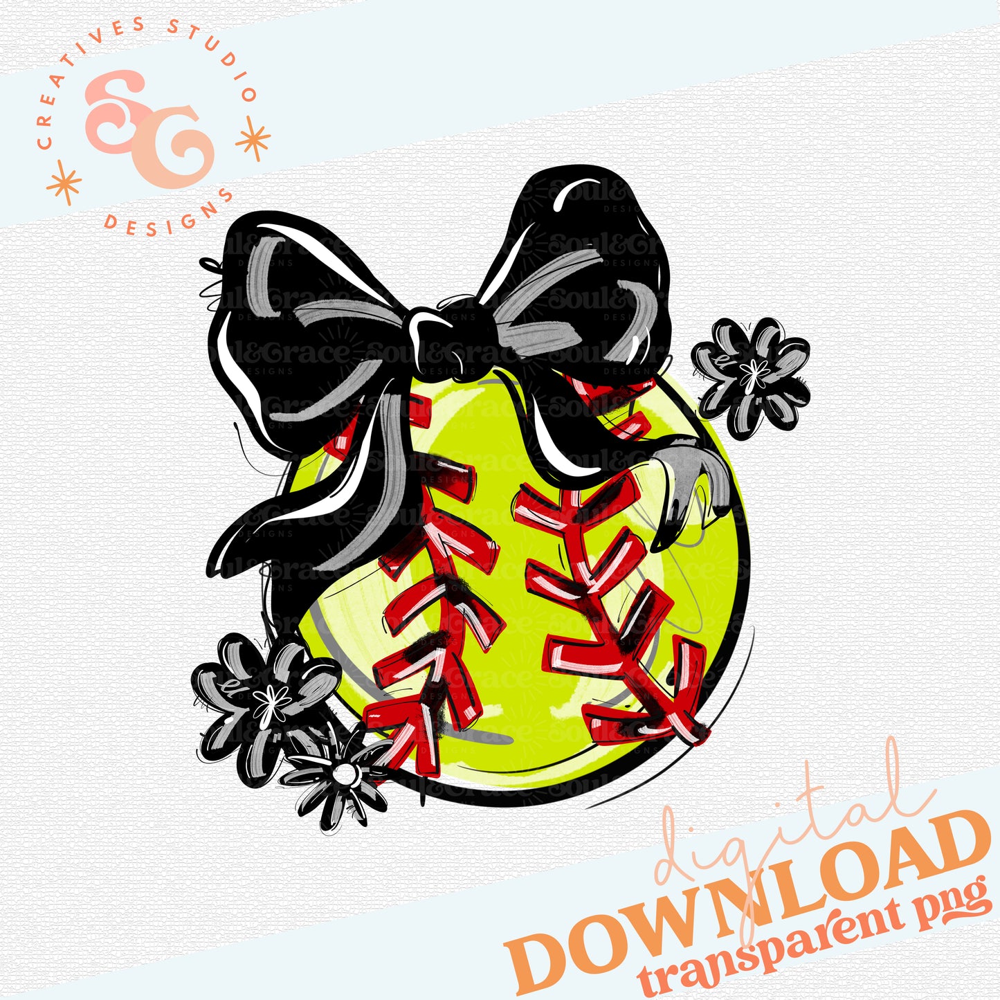 BLACK PLAY BALL BOW WITH FLOWERS SOFTBALL