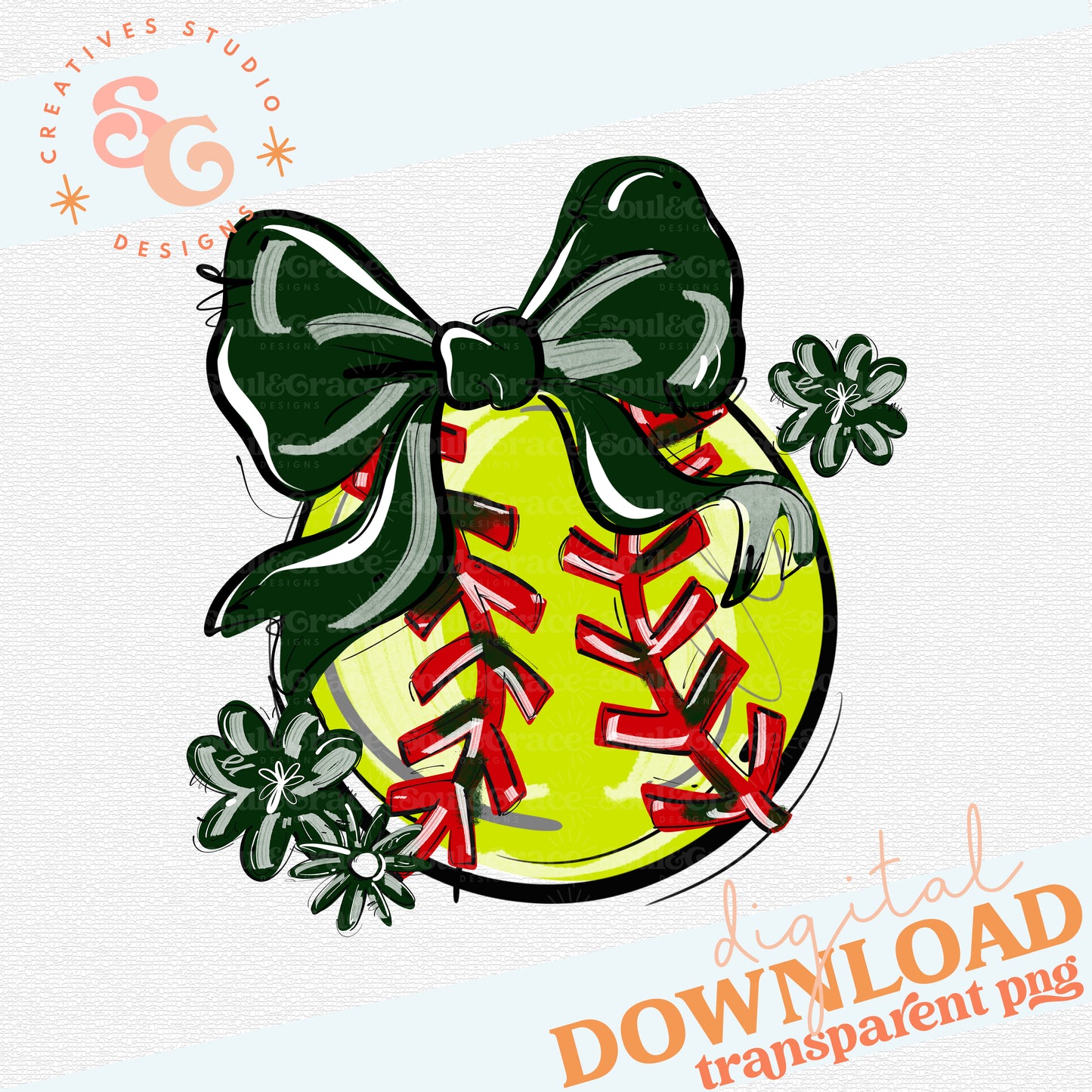 DARK GREEN PLAY BALL BOW WITH FLOWERS SOFTBALL