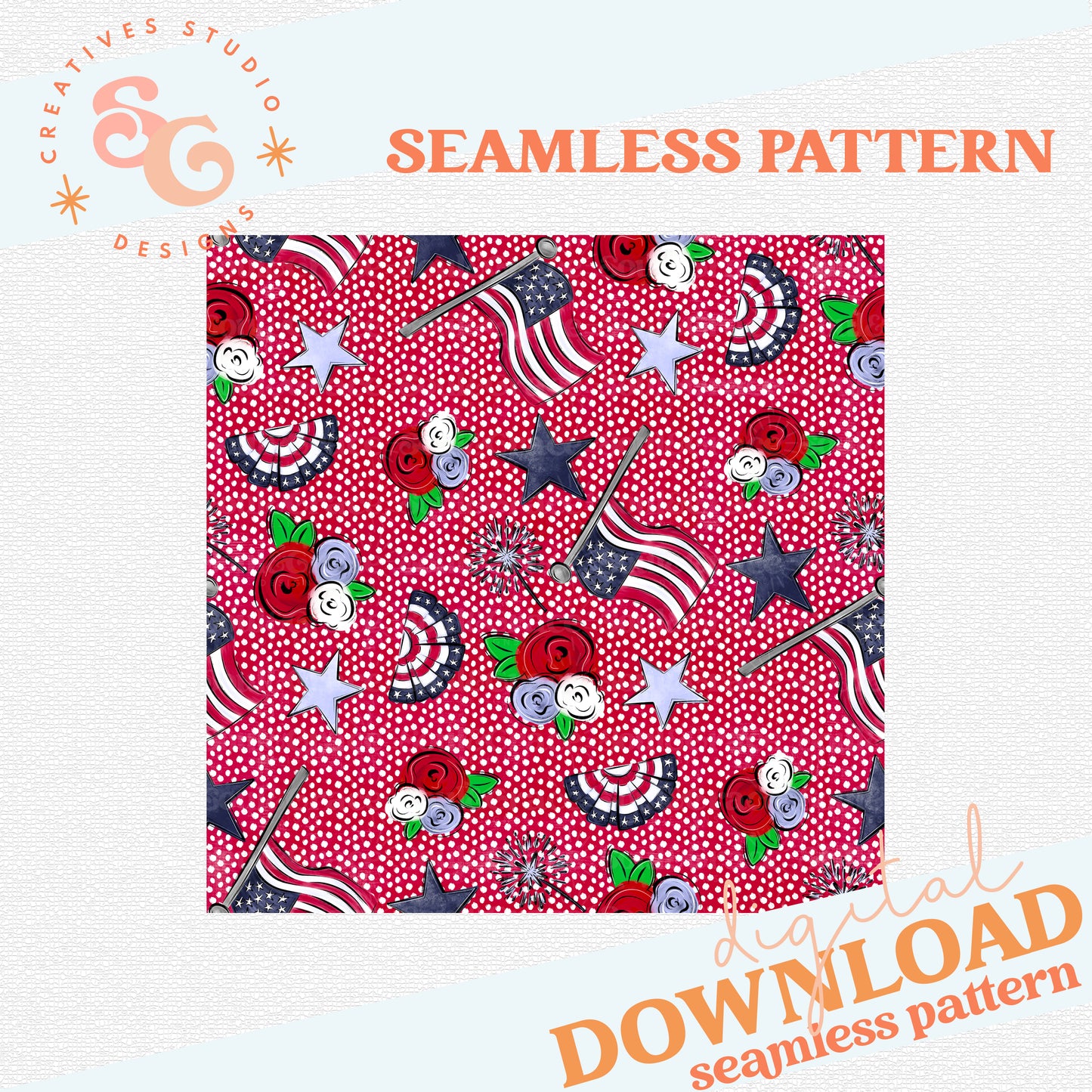 PATRIOTIC FLAGS AND FLOWERS SEAMLESS PATTERN