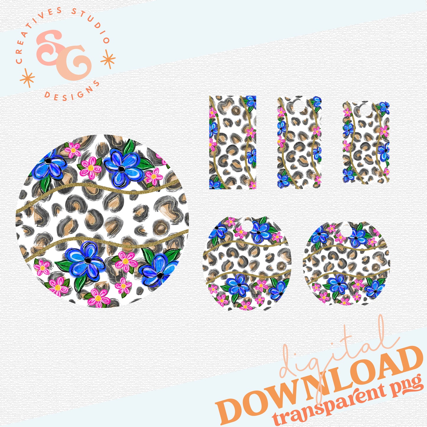 Floral and Leopard Tumbler Toppers, Name Plates and Coaster Set
