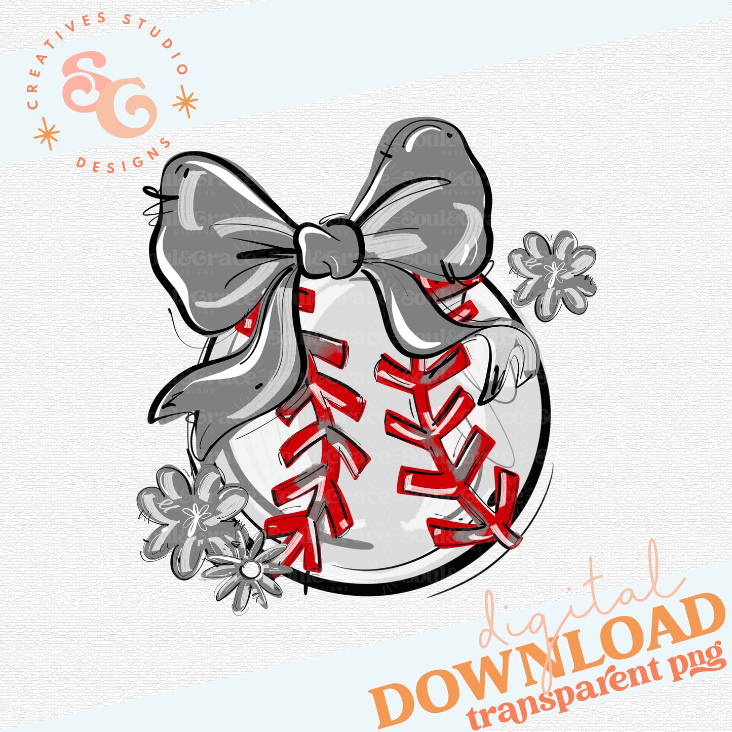 GRAY PLAY BALL BOW WITH FLOWERS BASEBALL