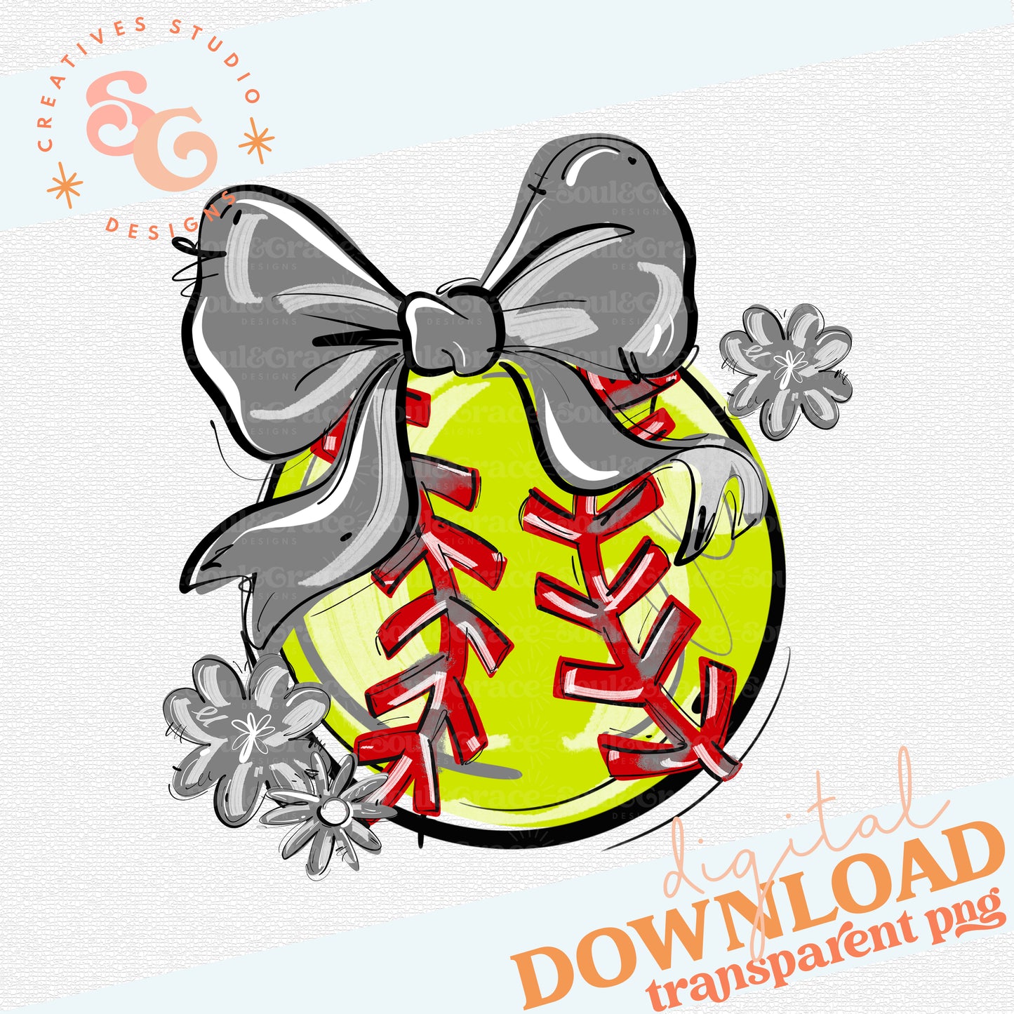 GRAY PLAY BALL BOW WITH FLOWERS SOFTBALL