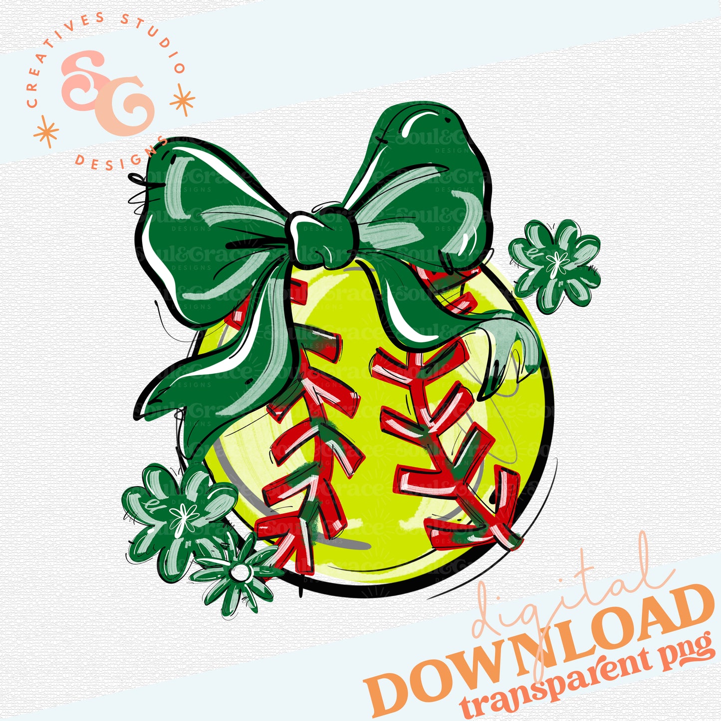 KELLY GREEN PLAY BALL BOW WITH FLOWERS SOFTBALL