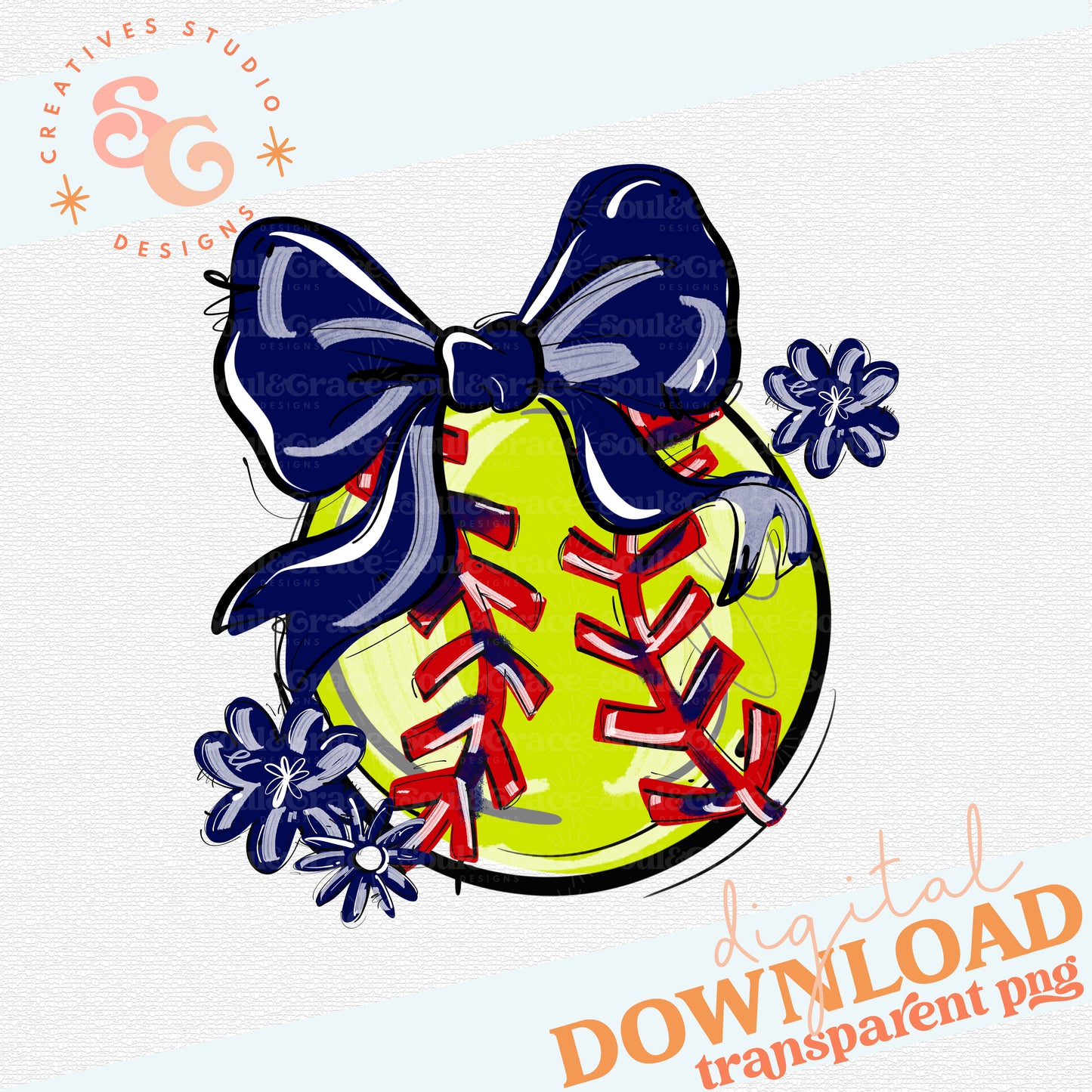 NAVY PLAY BALL BOW WITH FLOWERS SOFTBALL