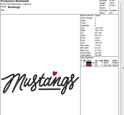 Handwritten Mustangs Machine Embroidery Design [DST]