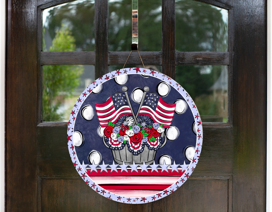 PATRIOTIC FLAGS AND FLOWERS DOOR HANGER