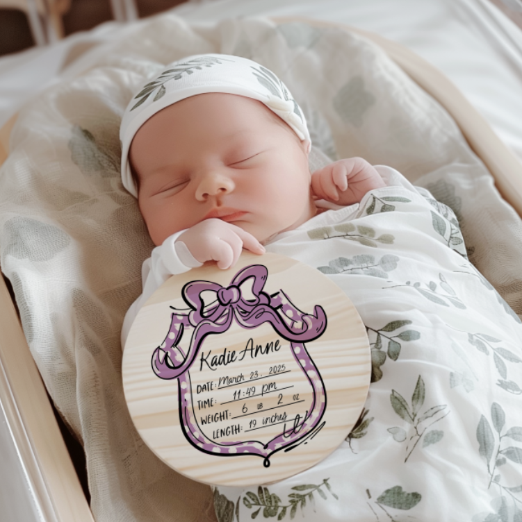 BIRTH ANNOUNCEMENT WITH MONTHLY MILESTONES PURPLE