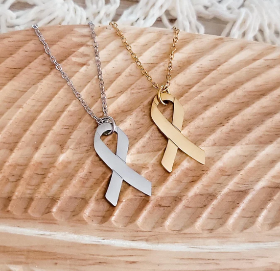 Awareness Ribbon Necklace – Gold or Silver Stainless Steel, Custom Engraved for Causes, Memorials & Fundraisers
