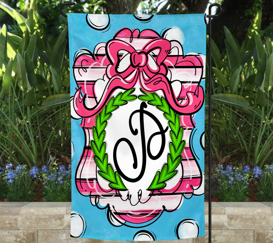 BRIGHT PINK AND BLUE MONOGRAM FRAME GARDEN FLAG