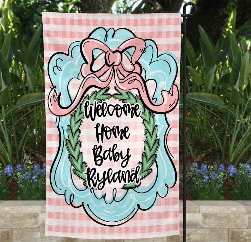 BABY PINK AND BLUE MONOGRAM FRAME GARDEN FLAG