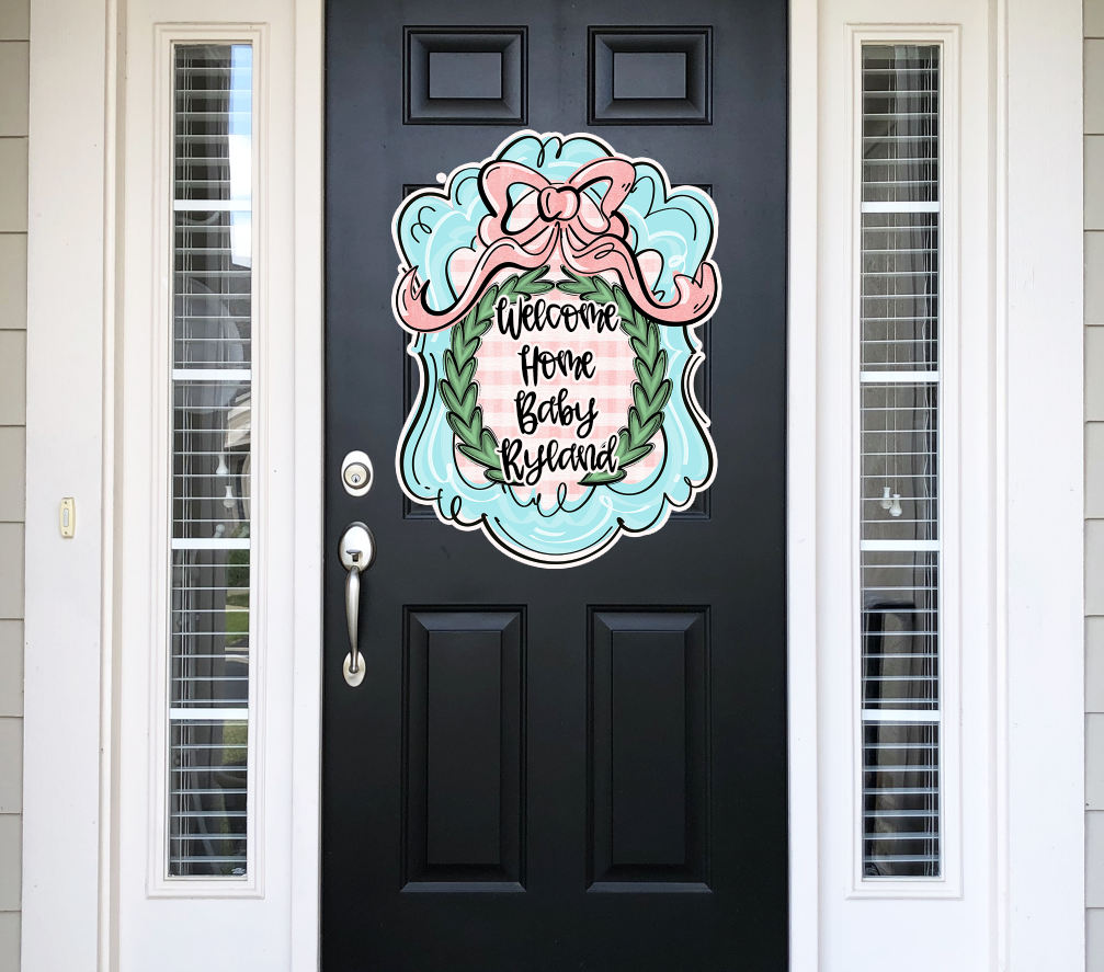 BABY PINK AND BLUE MONOGRAM FRAME - DOOR HANGER, BACKGROUND, INVITATION