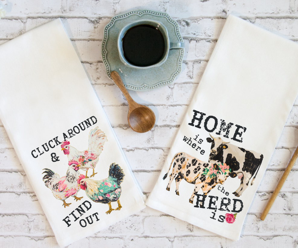 FLORAL COW AND CHICKEN KITCHEN TOWEL DESIGN SET