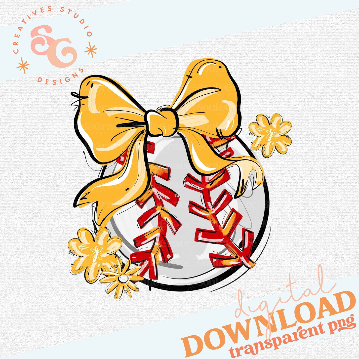 YELLOW PLAY BALL BOW WITH FLOWERS BASEBALL