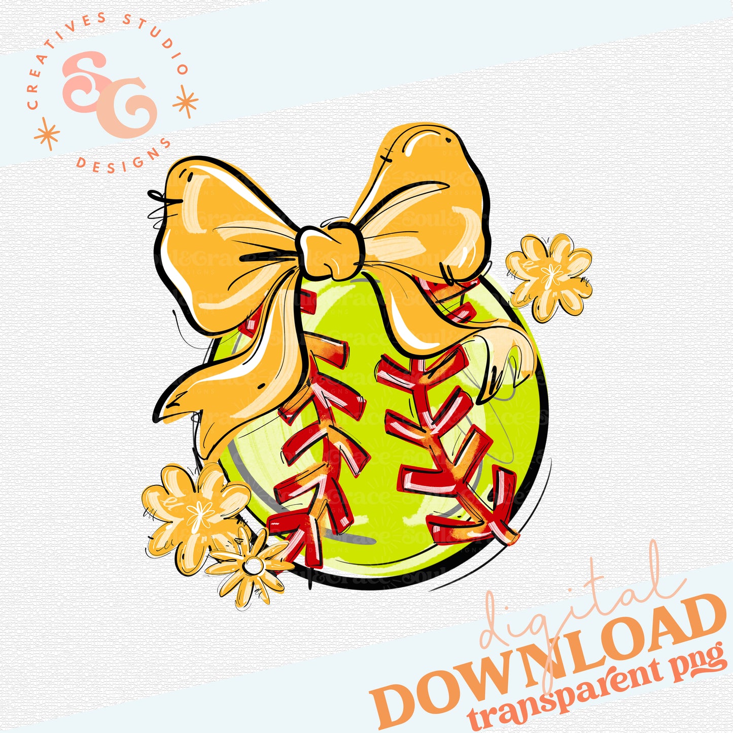 YELLOW PLAY BALL BOW WITH FLOWERS SOFTBALL