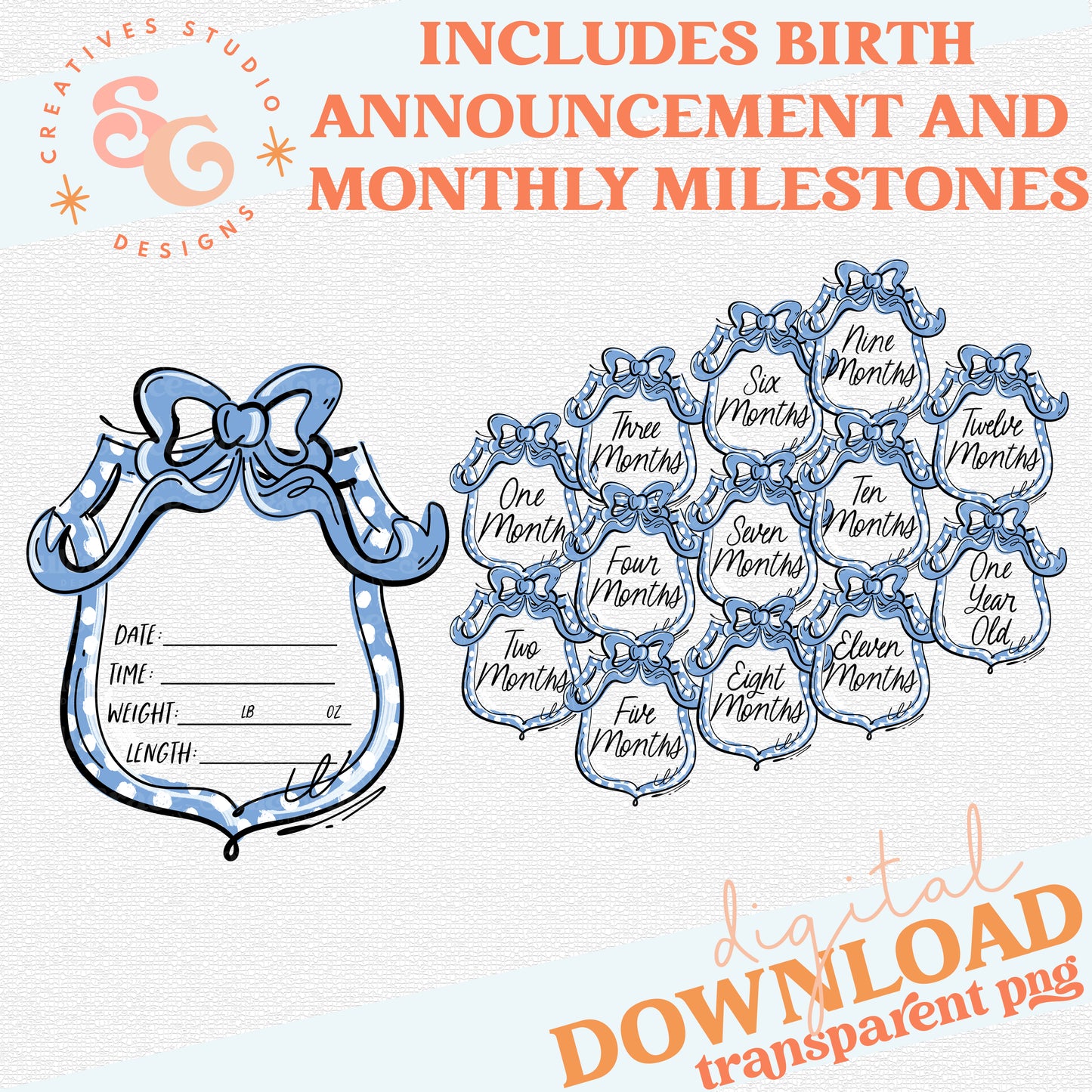 BIRTH ANNOUNCEMENT WITH MONTHLY MILESTONES BLUE