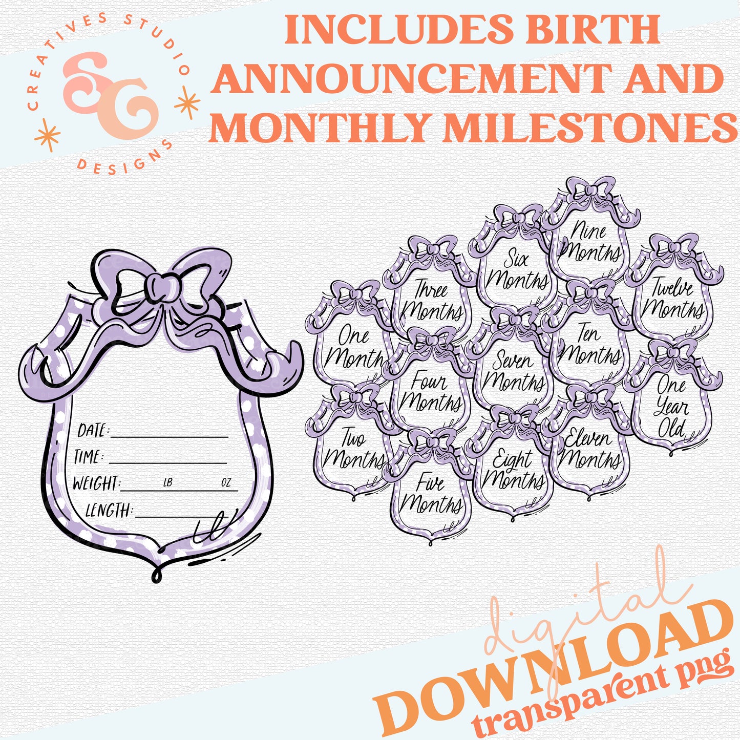 BIRTH ANNOUNCEMENT WITH MONTHLY MILESTONES PURPLE