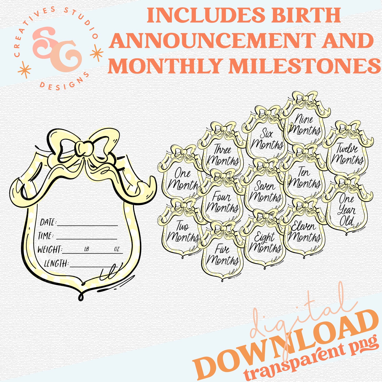 BIRTH ANNOUNCEMENT WITH MONTHLY MILESTONES YELLOW