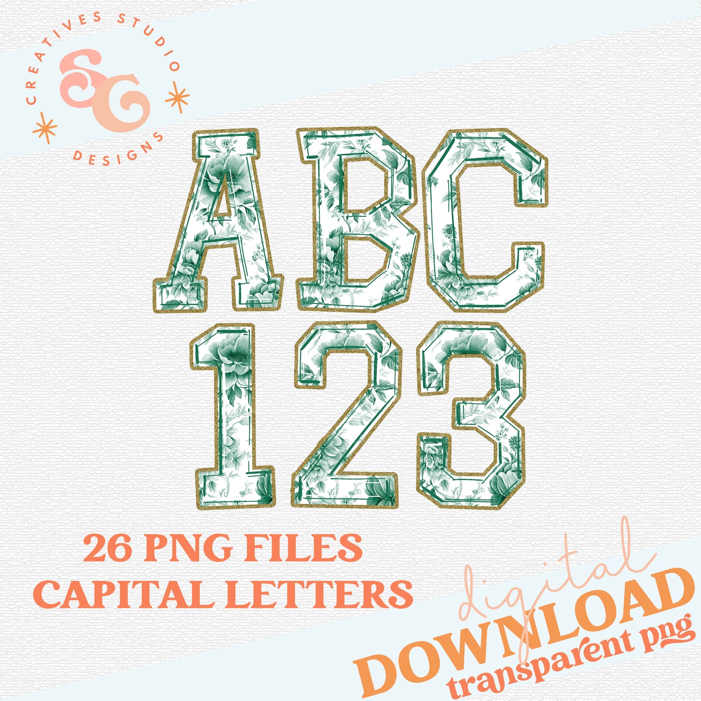 Green Toile Alphabet Set - Includes Numbers