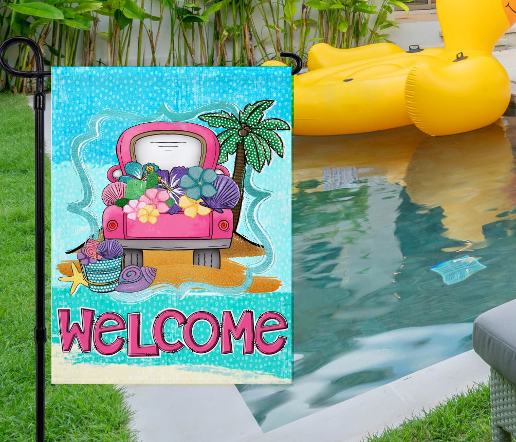 Beach Truck Welcome Garden Flag