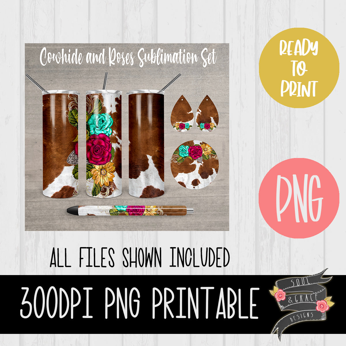 Cowhide and Roses Tumbler, Pen Wrap, Circle and Teardrop Earring Set