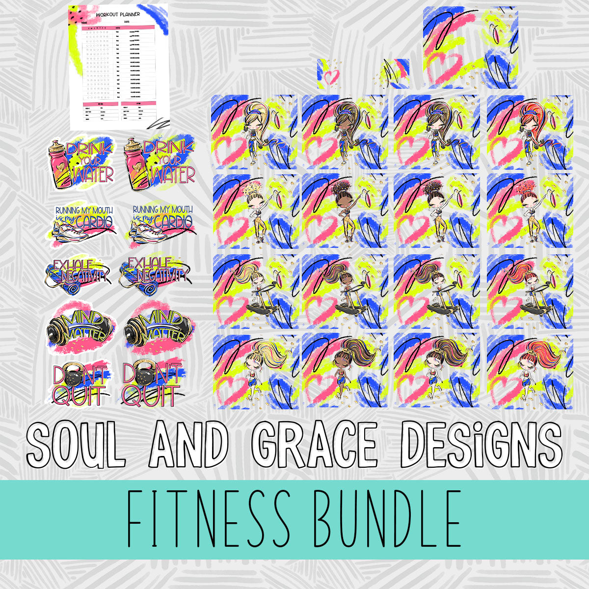 FITNESS BUNDLE - TUMBLER WRAPS, PEN WRAP, FITNESS TRACKER & PNG STICKERS