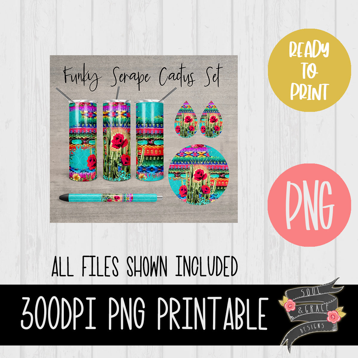 Funky Serape Cactus Tumbler, Pen Wrap, Circle and Teardrop Earring Set