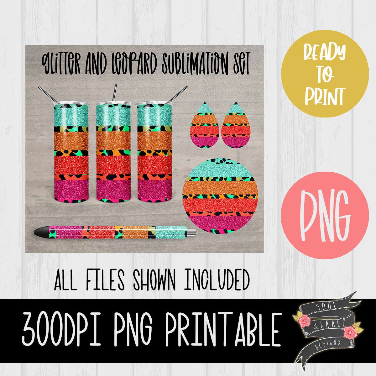 Glitter and Bright Leopard Tumbler, Pen Wrap, Circle and Teardrop Earring Set