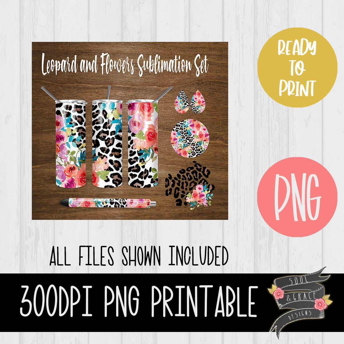 Leopard and Flowers Tumbler, Pen Wrap, Circle and Teardrop Earring Set
